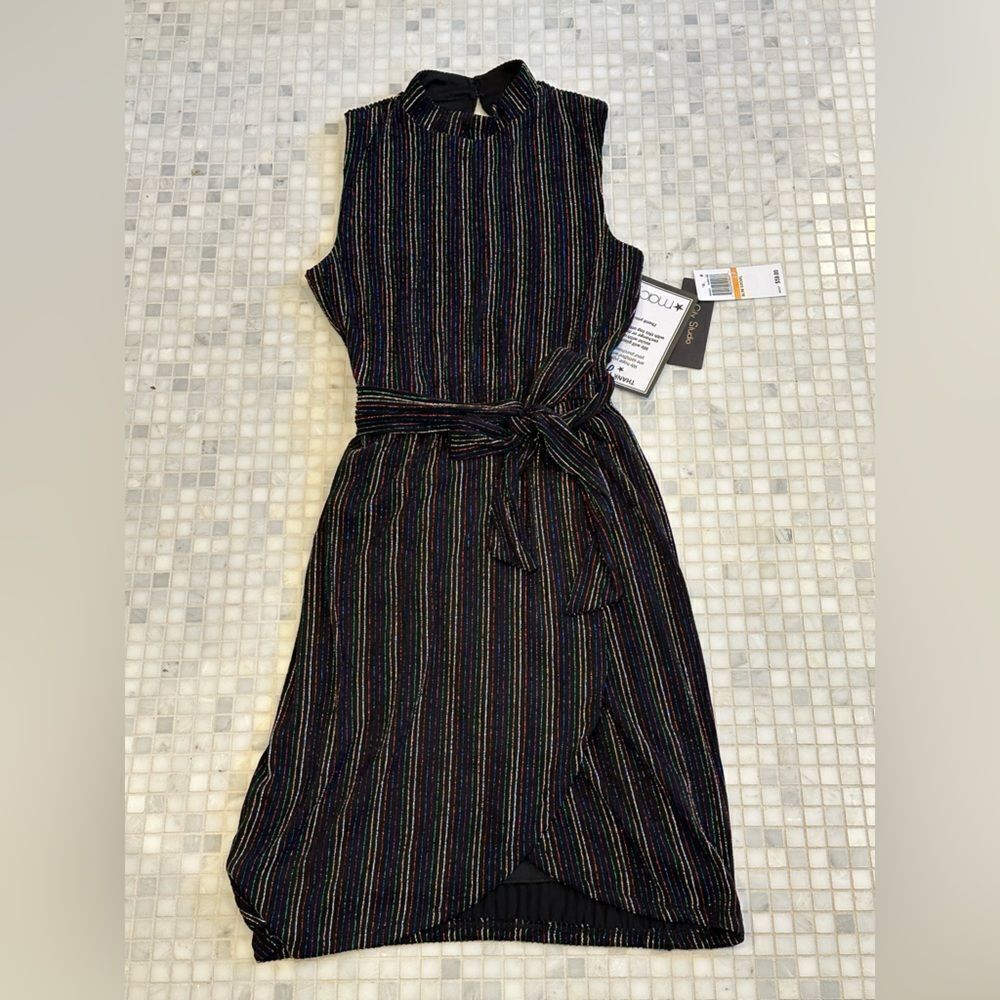 City Studio Junior Black Belted Wrap Dress with Rainbow Design